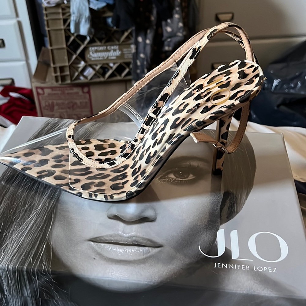Jlo clear and leopard strap up pumps